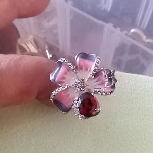 Silver Floral Pink Enamel & Garnet-Accent Ring